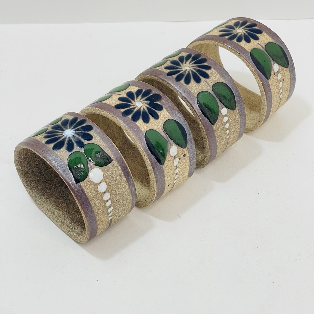 Mexican Tonala Pottery Napkin Rings Flower Rust Green Leaves  - Set of 4
